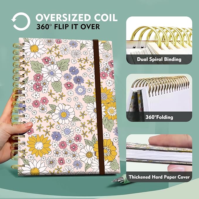 Cute Spiral Notebook, Journal for Women, Hardcover Spiral Journal, 5.5 x 8.3 Inches, 120 Pages,100gsm Paper, for Gifts Nurse Teacher Women Office Supplies(Cute Boho Flower)