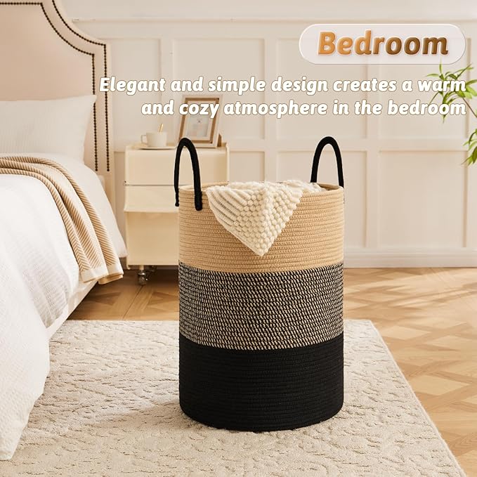 Laundry Basket,Woven Cotton Rope Laundry Hamper,60L for Decorative Storage of Dirty Clothes,Toys and Blankets in Bathroom,Bedroom and Living Room