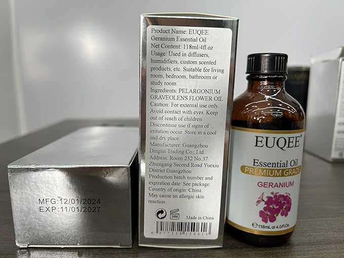 EUQEE Geranium Essential Oil 118 ml Pure Geranium Oil with Dropper for Diffusers, DIY, Skin Care, Massage, Aromatherapy (4 fl oz)