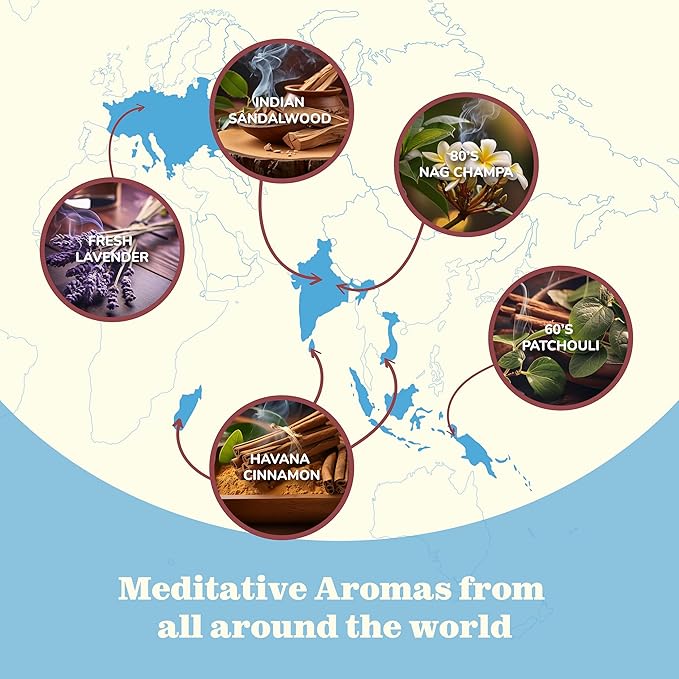 Ōm Meditation Incense Sticks - (5 Variants, 60 Insenses) Charcoal Free Inscents-Sticks | Nag Champa, 60s Patchouli Incense, Lavender Incense, Cinnamon & Sandalwood Incense, Perfect Care Gift