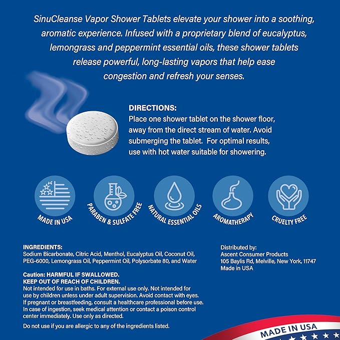 Sinucleanse Vapor Shower Steamers, All Natural Lemongrass, Eucalyptus & Mint Aromatherapy, 12 Extra Large Vapor Shower Tablets, Relaxation and Spa Gifts for Women and Men, Made in USA