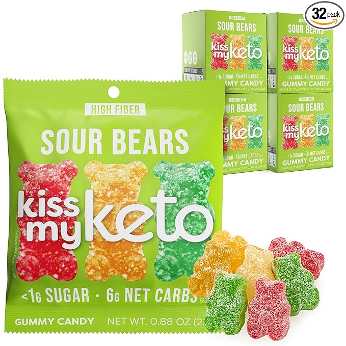 Kiss My Keto Sour Sugar Free Gummy Bears, 32-Pack – Satisfy Cravings while Staying in Ketosis – High Fiber, 6g Net Carbs, Non-GMO, Vegan, & No Gluten – Fruity Sugar Free Gummies
