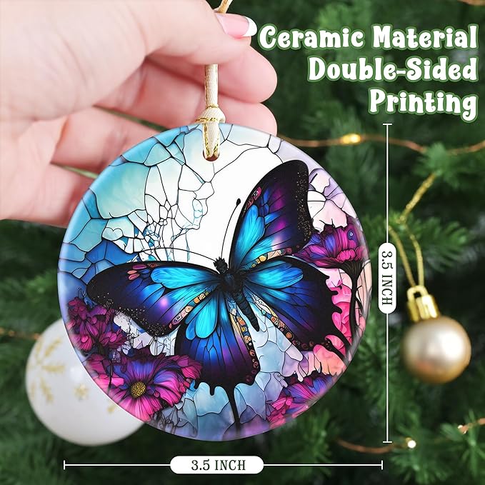 Butterfly Ceramic Hanging Ornament - 3.5 Inch, Butterfly Ornaments for Christmas Tree, Gifts for Holiday Present Exchange