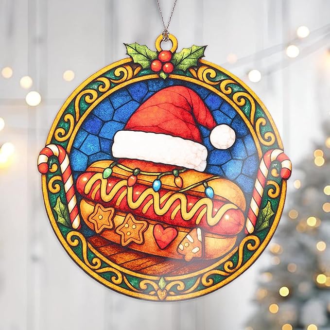 Christmas Hot Dog Ornament – Funnyny Food Gifts – Holiday Kitchen Decor – Santa Hotdog Ornament – Christmas Food Ornament – Christmas ornament 2025 – White elephant gifts - Xmas Tree Funny Decoration