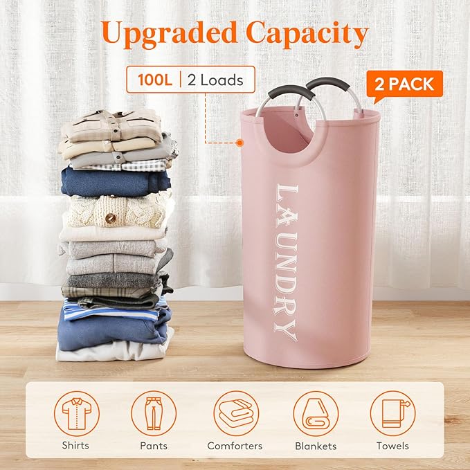 Lifewit 100L 2-Pack Large Laundry Basket, Collapsible Laundry Hamper with Aluminum Handles, Waterproof Freestanding Dirty Clothes Hampers for Laundry Room Bedroom Dorm Bathroom, Pink