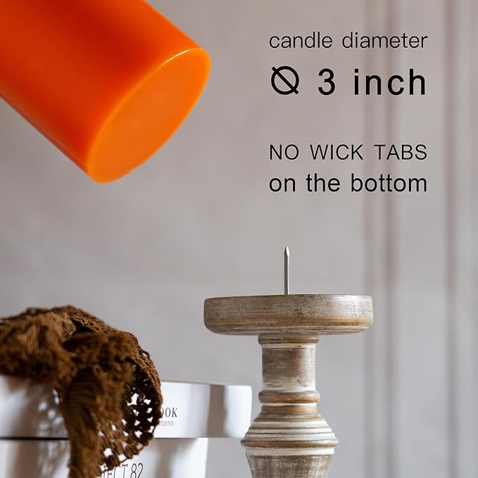 MOZEAL 3" x 8" Hand-Poured Unscented Large Candle,Smokeless Rustic Pillar Candle Set of 2,Slow Burn,No Drip,Approx 150 Hours Burning,Wedding,Dinner,Christmas and Home Decorative,Tall Orange Candle