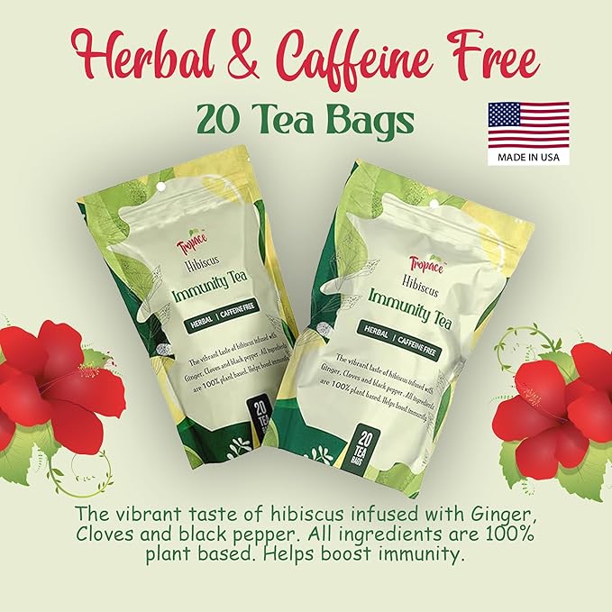 Tropace Organic Immunity Hibiscus Herbal Tea – 20 Tea Bags, Infused with Ginger, Cloves & Black Pepper, Caffeine-Free, Rooted in Egypt & Packed in USA, 1.4 oz (40g)