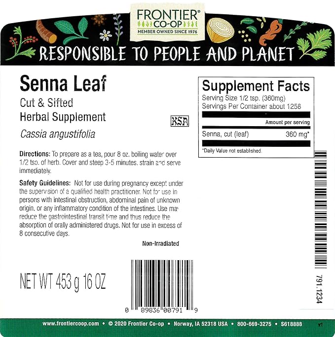 Frontier Co-op Senna Leaf, Cut & Sifted, 1lb Bulk Bag - 100% Pure & Natural Senna Leaves - Perfect for Senna Leaf Tea and Herbal Use, Kosher Certified