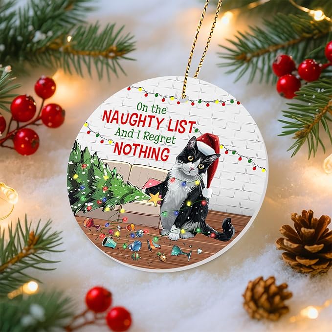34HD 2.9"" Lightweight Ceramic Ornament for Christmas Tree, Both Sides Printed Flat Hanging Ornament, Gifts for Christmas, Christmas Decoration - Black Cat Funny
