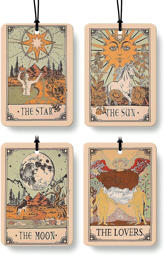 Boho Retro Tarot Card Car Air Freshener 4 Pcs, the Star Sun Moon Lovers Hanging Air Freshener for Cars Closet Drawer Books, Tarot Lovers Gifts Car Accessories Mirror Decor for Women