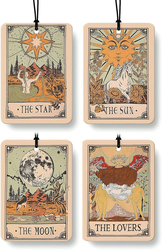 Boho Retro Tarot Card Car Air Freshener 4 Pcs, the Star Sun Moon Lovers Hanging Air Freshener for Cars Closet Drawer Books, Tarot Lovers Gifts Car Accessories Mirror Decor for Women