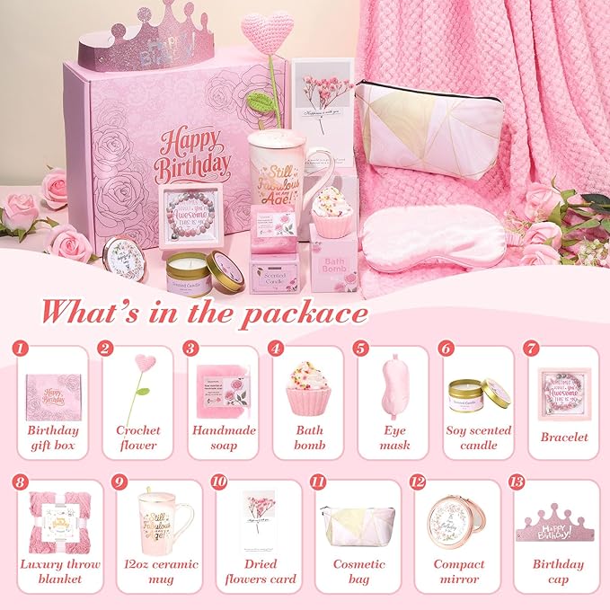 Birthday Gifts for Women Birthday Gift Basket Unique Pink Birthday Gift Box for Women Mug Gifts Set Relaxing Spa Self Care Gifts with Blanket for Mom Her Wife Grandma Girlfriend Coworker