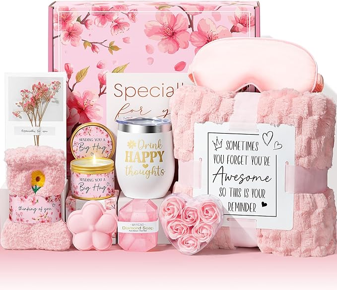 Birthday Gifts for Women Self Care Gift, Cherry Blossom Relaxing Spa Gift Baskets Bath Set Get Well Soon Care Package Christmas Mom Gifts for Wome Sister Friend Wife Grandma w/ Blanket