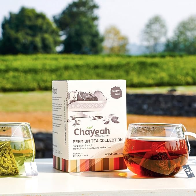 CHAYEAH, Premium Tea Collection (16 Pyramid Tea Sachets, 8 Assorted Flavors), Green, Black, Oolong, Pu’erh & Herbal Tea Sampler Variety Pack, Caffeinated and Non-Caffeinated, Whole Leaf Tea Bag