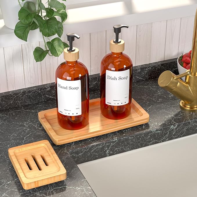 Bamboo Bathroom Accessories Set 2pcs - Wooden Bar Soap Dish Holder and Bamboo Tray for Bathroom, Kitchen Countertop, Shower, Neutral Kitchen Sink Dish Soap Tray, 9 inch, Natural