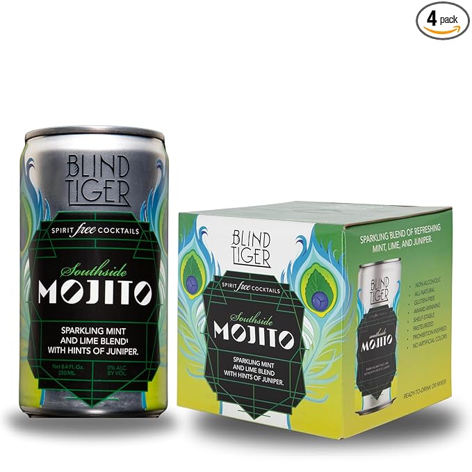 Blind Tiger Southside Mojito 4-Pack | Lime, Mint & Juniper Non-Alcoholic Sparkling Mocktail | Crafted with Natural Ingredients | Mixers, Cocktails, Mocktails | 8.4 fl oz Cans