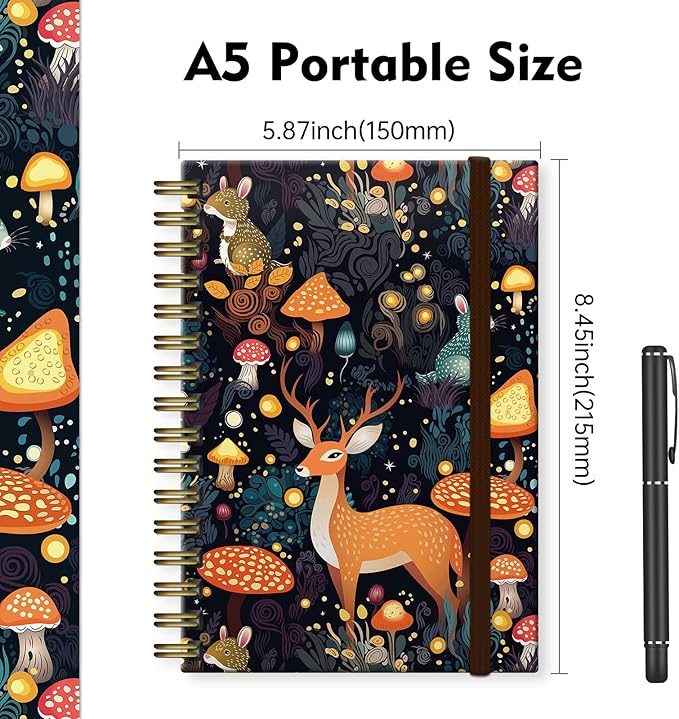 Cute Spiral Notebook, Journal for Women, Hardcover Spiral Journal, 5.5 x 8.3 Inches, 120 Pages,100gsm Paper, for Gifts Nurse Teacher Women Office Supplies(Cute Mushroom deer)
