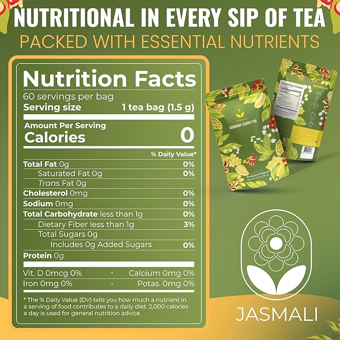 Jasmali Soursop Tea - 60 Dried Soursop Leaves Tea Bags, Herbal Tea, Hoja de Guanabana, Vacuum Sealed, Sourced from Thailand, Caffeine Free, Gluten Free