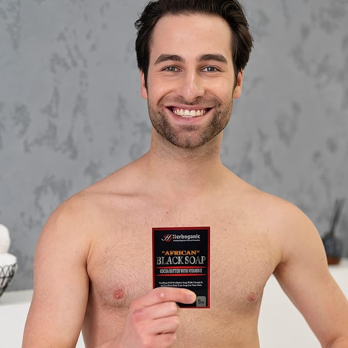 HERBOGANIC African black soap with cocoa butter and Vitamin E Herbal Soap | Pack of 6 of 5oz soap Bar | Ideal for Men and Women, Soothing and Nourishing Soap for Moisturization