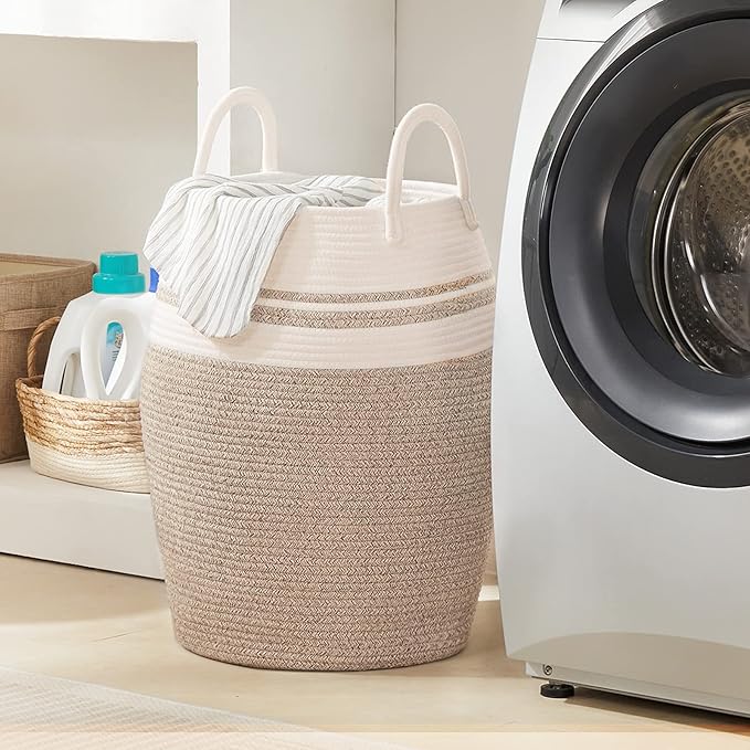 Fiona's magic 105L Extra Large Laundry Hamper Basket, Woven Tall Clothes Hamper for Storage Blanket, Toys and Dirty Cothes in Bedroom and Living Room Organizer, Brown & White