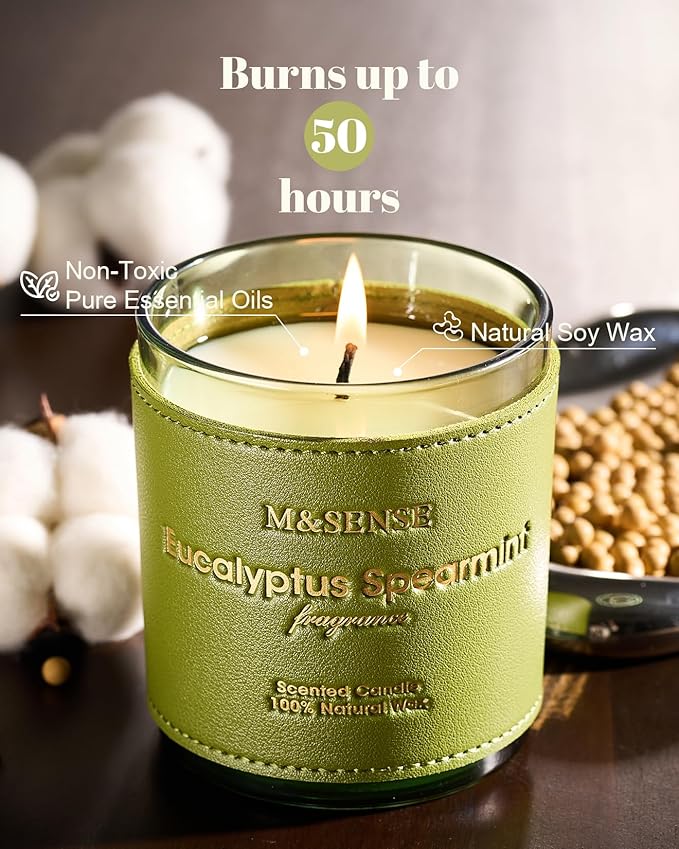 M&SENSE Eucalyptus Mint Scented Vegan Soy Candles, Heavy Scented, 10oz Long Burning 42-Hour Burn Time,Home Fragrance for Stress Relief, Calming, Meditation, Housewarming Gift for Women and Men
