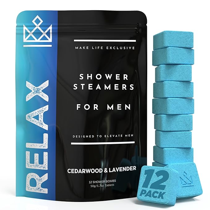 Shower Steamers for Men - Relax - Cedarwood and Lavender Organic Shower Bombs - 12 Pack of Relaxing Tablets - Strong Scented Long Lasting Aromatic Steamers