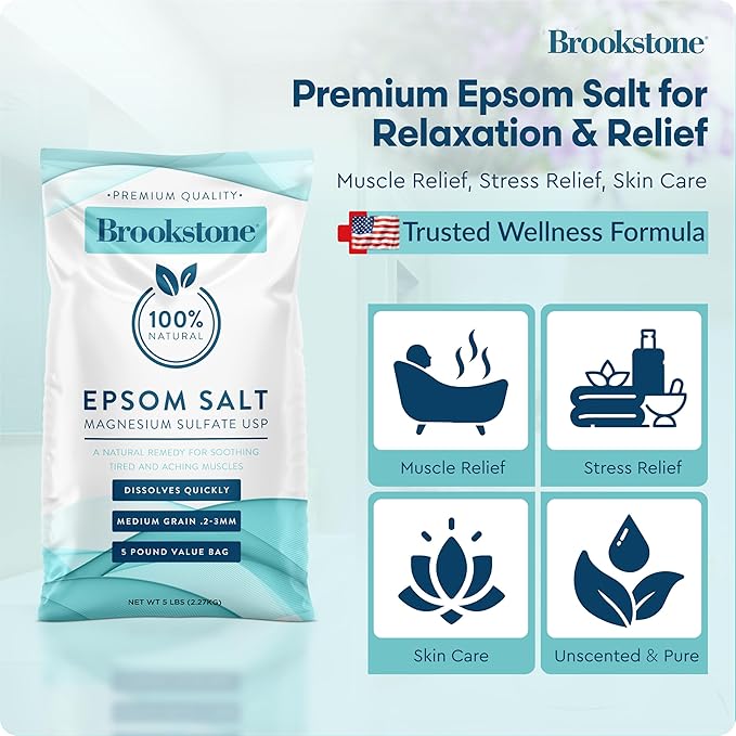 Brookstone 5 lb Epsom Salts Bulk Bag, Premium Magnesium Sulfate USP, Medium Grain – Unscented Salt Bath Soak, Bulk Epsom Salt Bath Soak for Soaking, Muscle Relief, Stress Relief & Skin Care