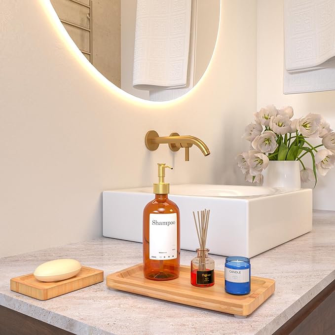 Bamboo Bathroom Accessories Set 2pcs - Wooden Bar Soap Dish Holder and Bamboo Tray for Bathroom, Kitchen Countertop, Shower, Neutral Kitchen Sink Dish Soap Tray, 9 inch, Natural