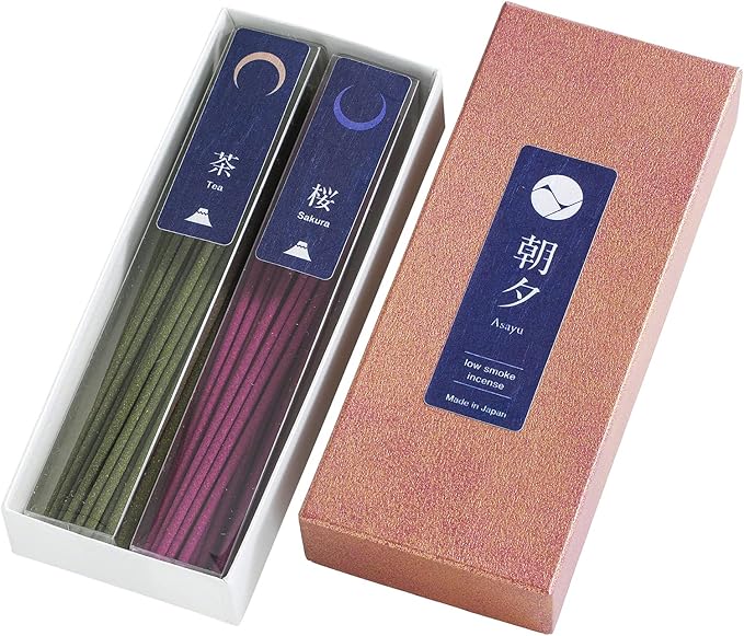Asayu Japan Low Smoke Incense Sticks - Japan Set (Green Tea + Sakura Cherry Blossom), 40gr (Each Scent 20g), for Yoga, Zen Meditation and Relaxation - Smokeless for Less Irritation