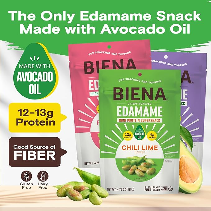 Biena Crispy Roasted Edamame Beans Snack – High Protein Snack for Adults & Kids, 12g-13g Protein per Serving - Made with Avocado Oil – Vegan, Low Carb, Gluten-Free – 3-Pack 4.75oz Variety Pack
