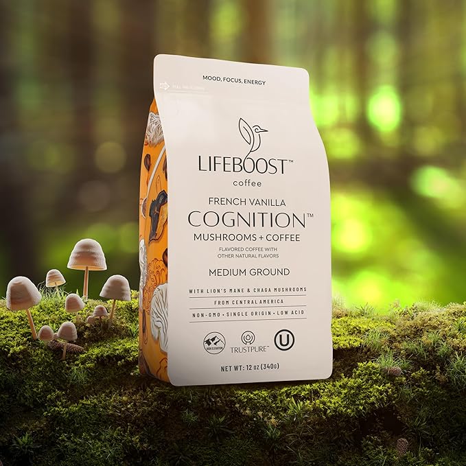 Lifeboost French Vanilla Cognition Mushroom Coffee - Low Acid Medium Organic Coffee with Nootropic Lions Mane & Chaga Mushrooms - Increase Energy, Boost Focus & Immune Support - 12 oz Bag - Ground
