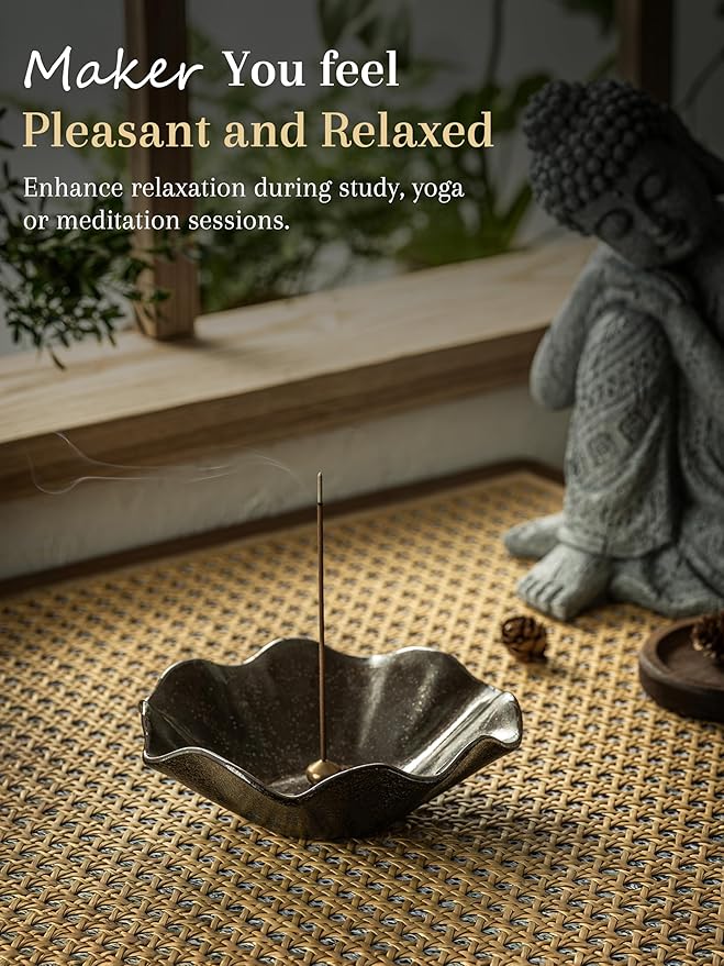 6 Inch Incense Holder with 3 Copper Incense Sockets Lotus Incense Holder for Sticks Modern Insence-Stick Holder for Meditation, Yoga, SPA, Home Decor, Black