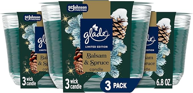 Glade 3-Wick Scented Candle Jar, Balsam & Spruce, Air Freshener Infused with Essential Oils, 6.8 Oz, 3 Count
