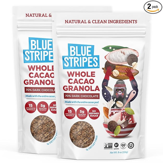 Blue Stripes Whole Cacao Granola - Gluten Free 70% Dark Chocolate Granola for Cereal, Oatmeal, Yogurt, 5g Protein Per Serving, Source of Fiber, Vegan, Low Sugar - Dark Chocolate, 8 oz Bag (2 Pack)