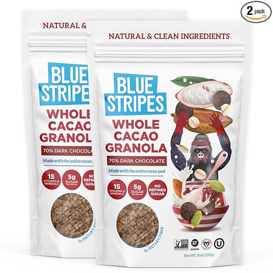 Blue Stripes Whole Cacao Granola - Gluten Free 70% Dark Chocolate Granola for Cereal, Oatmeal, Yogurt, 5g Protein Per Serving, Source of Fiber, Vegan, Low Sugar - Dark Chocolate, 8 oz Bag (2 Pack)