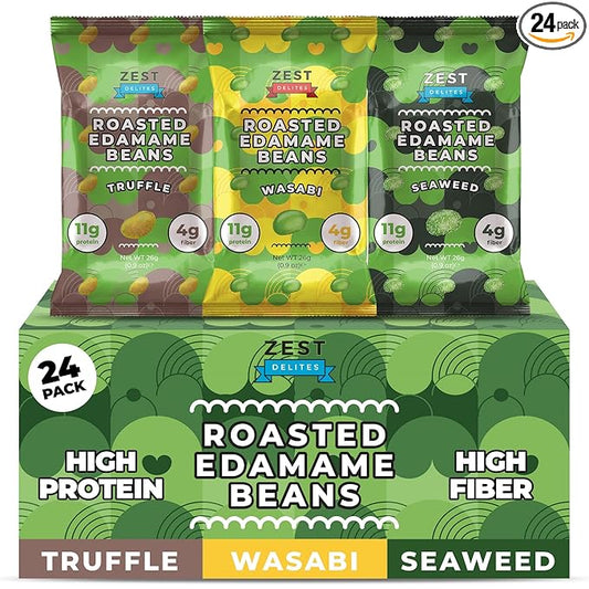 Crunchy Dry Roasted Edamame Beans Snack by Zest Delites, Truffle - Seaweed - Wasabi, Vegan, Low Calorie (120cal) High Protein Snacks (11g), Low Carb, Keto, 0.9 oz 24 Packs