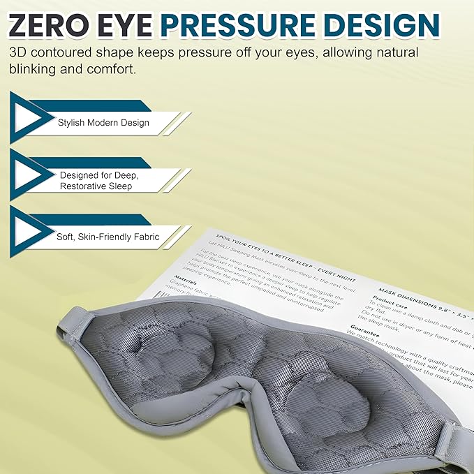 HILU Sleep Mask - 100% Light Blocking Eye Mask for Sleeping - Zero Eye Pressure, Comfortable & Adjustable Design - Durable Sleep Blindfold for Women, Men, Travel, Naps & Shift Work | Gray