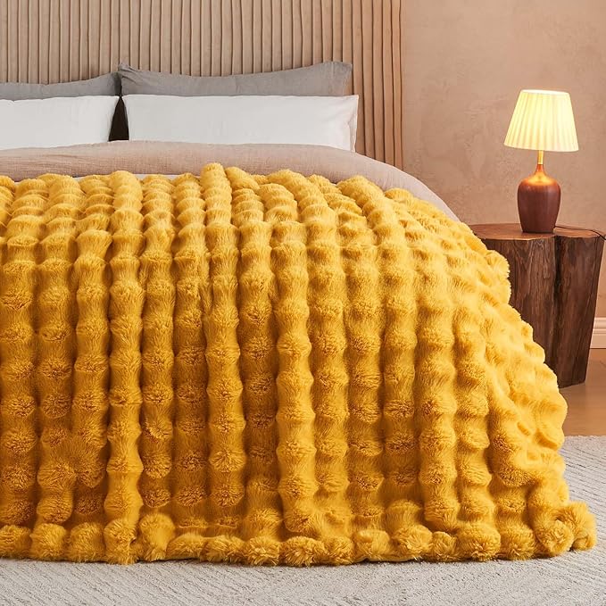 Lotus Karen Faux Fur Throw Blanket Ginger Yellow - Big Bubble Rabbit Fluff Blanket for Couch Bed Sofa,Softest Fluffy Fuzzy Cozy Blanket,Thick Furry Plush Shaggy Warm Blankets for Women,108x90 Inches