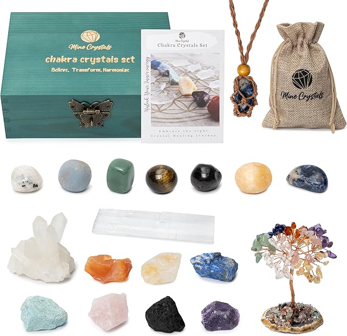 Crystals and Healing Stones Chakra Set Authentic Natural Raw Crystals Gemstones Kit Spiritual Gift - Quartz Colony Selenite Wand Rose Quartz Reiki Yoga Meditation