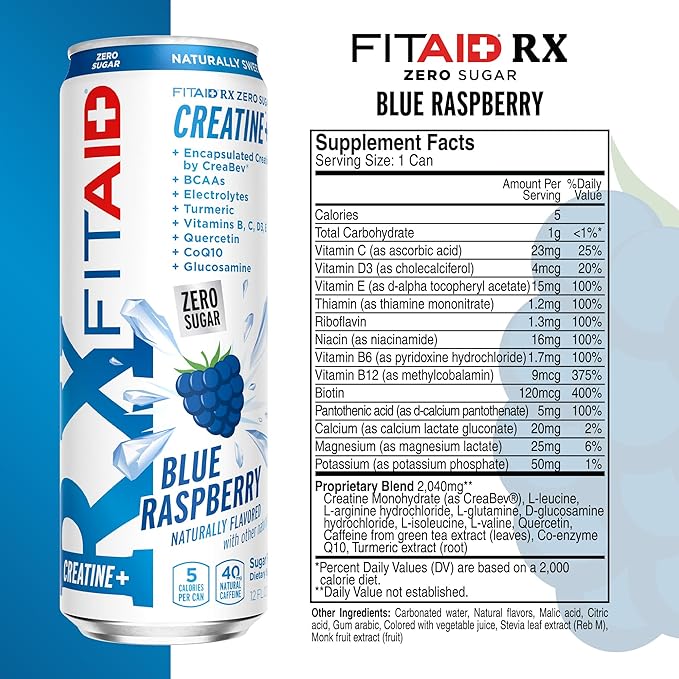FITAID RX Zero Sugar, Encapsulated Creatine, Workout Recovery Drink, All-In-One Blend, BCAAs, Glucosamine, Turmeric, B-Complex, Electrolytes, Variety Pack, 12 Fl Oz (Pack of 24)