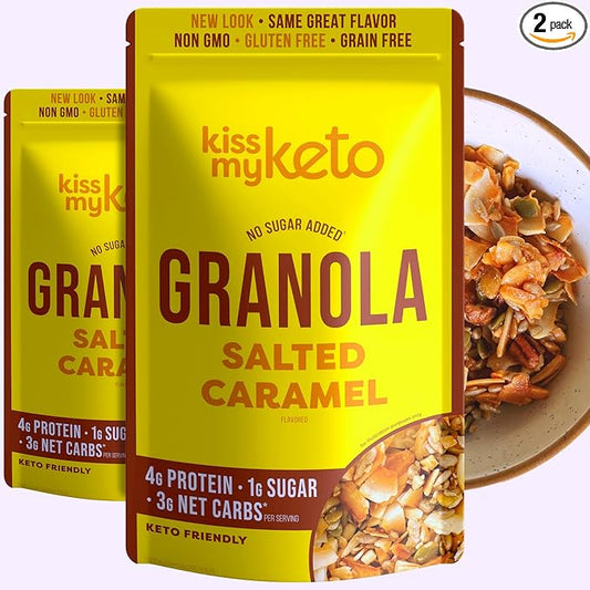 Kiss My Keto Sugar Free Granola, Salted Caramel 2-Pack – Curb Cravings with Few Net Carbs – Allulose Sweetened, Resealable & Gluten-Free Crunchy Clusters – Grain Free Granola Great With Yogurt or Milk
