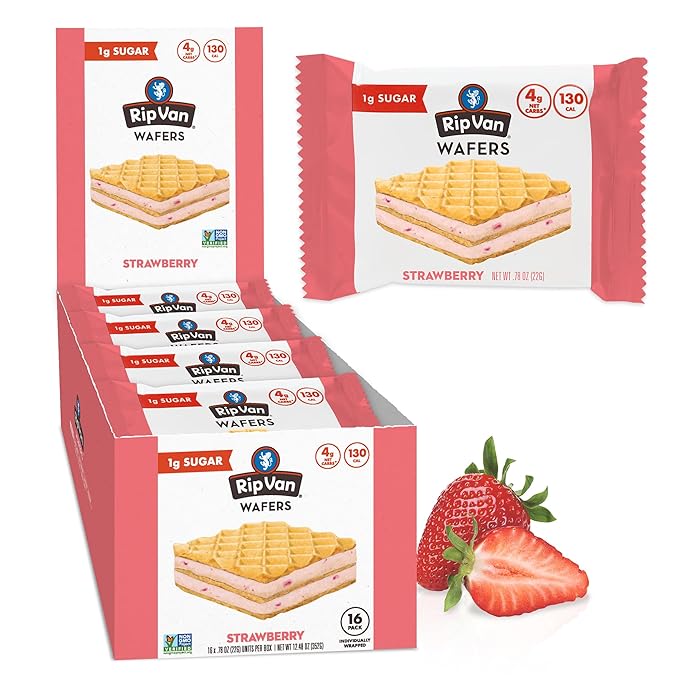 Rip Van Strawberry Keto Wafer Cookies - Healthy Vegan Snacks - Non GMO, Low Sugar (1g), Low Calorie - 16 Count