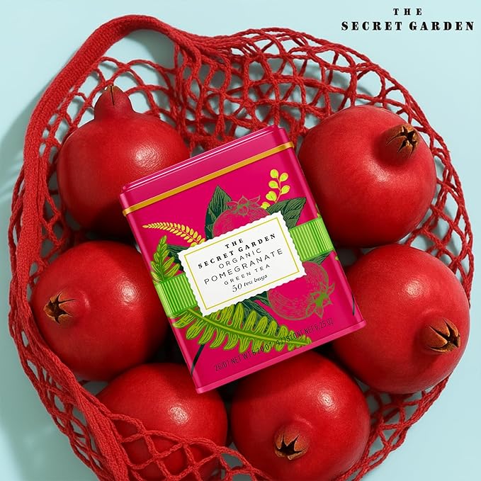Life Plus Style Gourmet The Secret Garden Organic Pomegranate Green Tea Natural Caffeinated Herbal Leaf 50 Tea Bags Gift Tin USDA Certified Non-GMO Sugar Free Antioxidant Rich Green Tea