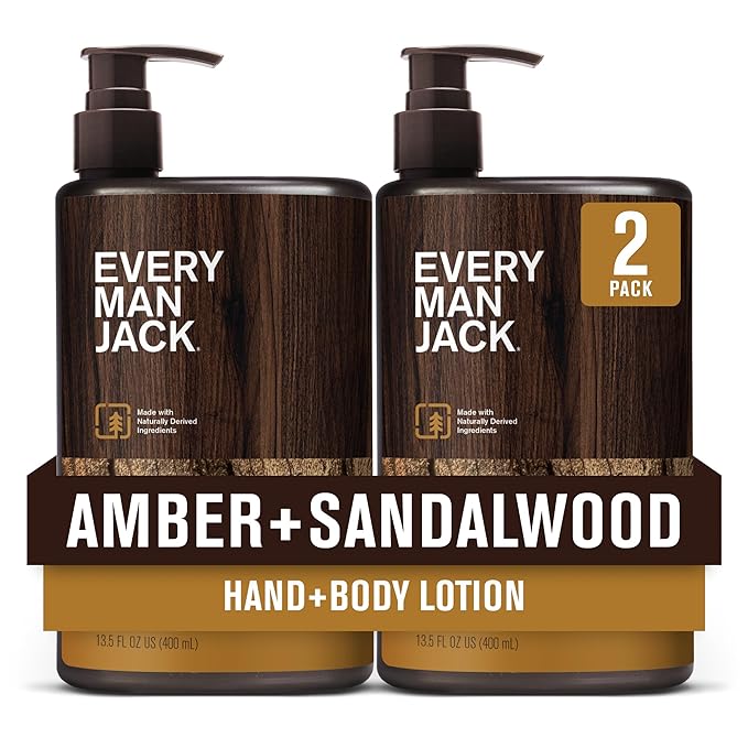 Every Man Jack Mens Amber + Sandalwood Hand & Body Lotion for All Skin Types - Dermatologist Tested & Hypoallergenic - Nourish Skin with Lightweight Fast Absorbing Lotion - 13.5oz 2 Bottles