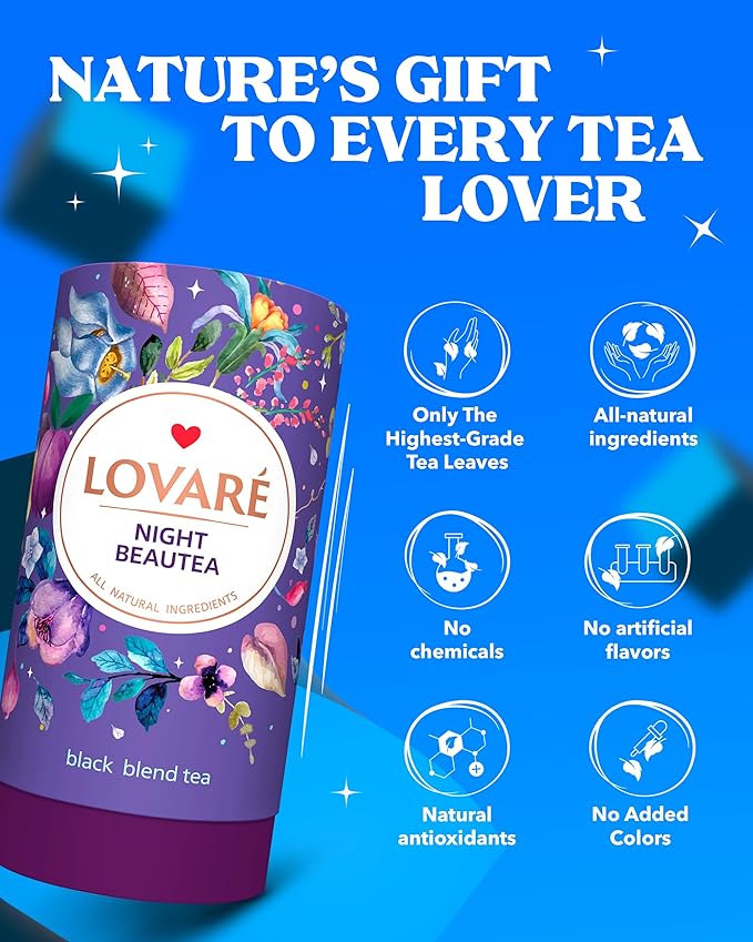 LOVARE Night Beautea Loose Leaf Tea 80 g - Made in Ukraine - Ceylon Black Tea, Cherry Berries, Cornflower Petals, Royal Pomegranate Plum Aroma - Tea Lovers Gift Box with 15 Paper Filters