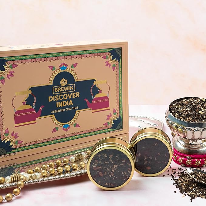 BREWIX, Discover India Premium Black Tea Christmas Gift Box (6.34oz/90+ Cups) | Tea Gift Sets For Tea Lover | 6 Unique Chai Teas | Best for Birthdays, Anniversaries & Holidays