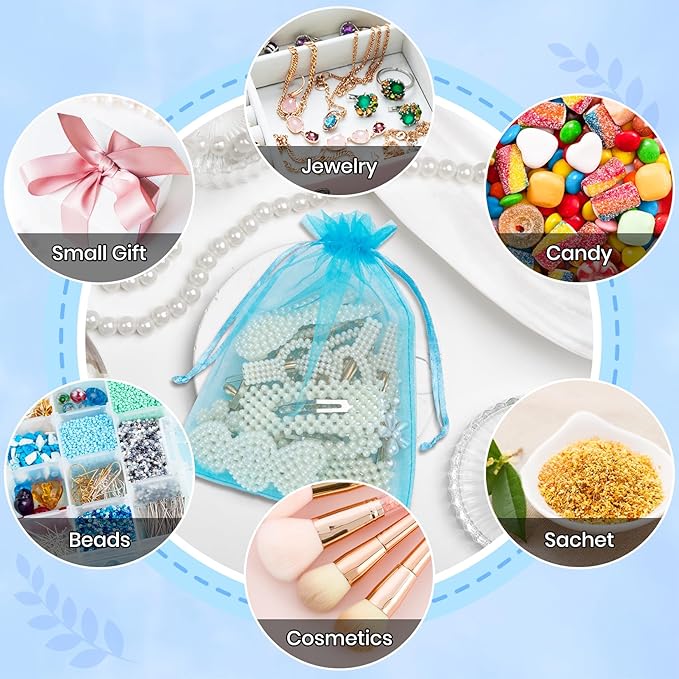 ANZNKU 100 Pack Organza Bags 5x7 Inch, Mesh Bag Drawstring Mesh Gift Bags Packaging Bag for Baby Shower, Party Favors(Lake Blue)