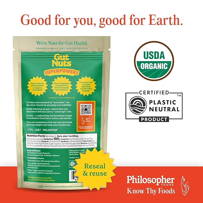 Gut Nuts - Fermented and Sprouted "Sourdough" Peanuts for Gut Health - Tangy, Umami, & Salty Flavors - Super Crunchy Low Carb Keto Snacks - Low Sugar Prebiotic & Postbiotic Peanut Snacks - 3oz Pouch (3 Pack) - by Philosopher Foods