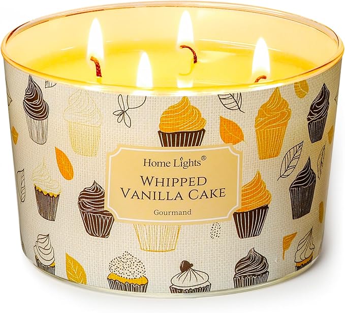HomeLights Scented Candles for Women & Men, 18oz Candle Jars Aromatherapy 4-Wick Candle, Ideal for Rustic Modern Home Decor and Gifts, Whipped Vanilla Cake