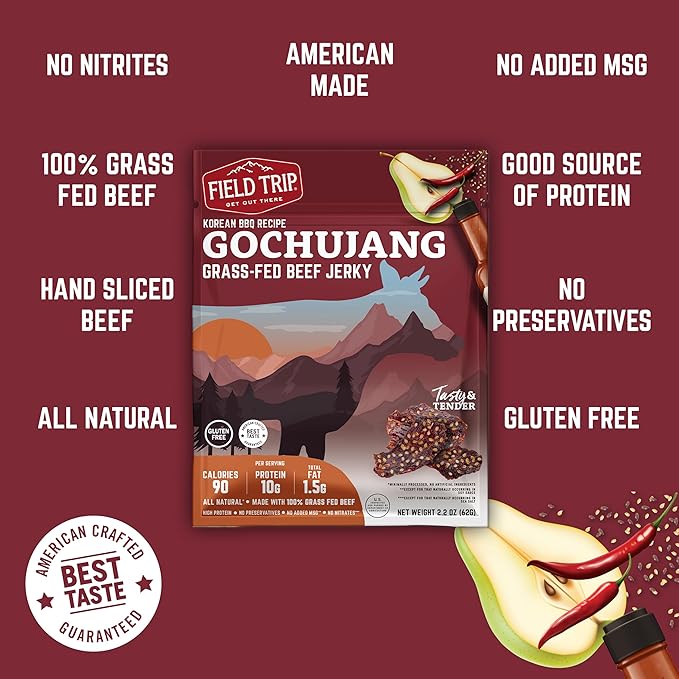 Field Trip Grass Fed Beef Jerky, Healthy Gluten Free Snacks, All Natural, Paleo-Friendly Beef Jerky, High Protein, Low Carb Snack with No Nitrates, 2.2oz Bag, 4 Pack, Gochujang Korean BBQ
